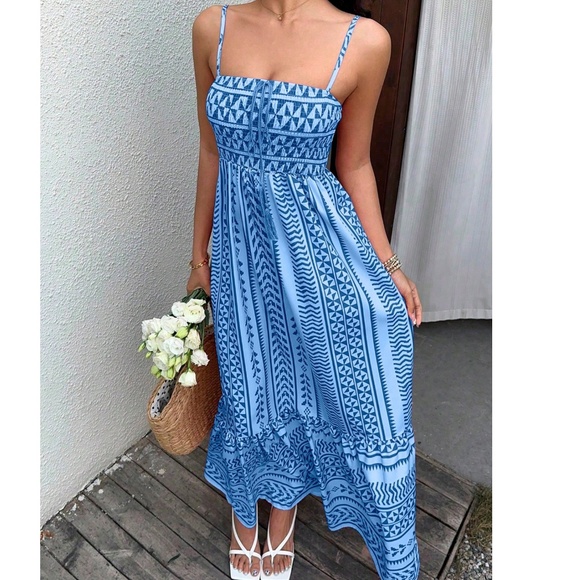 Boho Geo Print Shirred Stretchy Waist Cami Dress - Picture 3 of 13